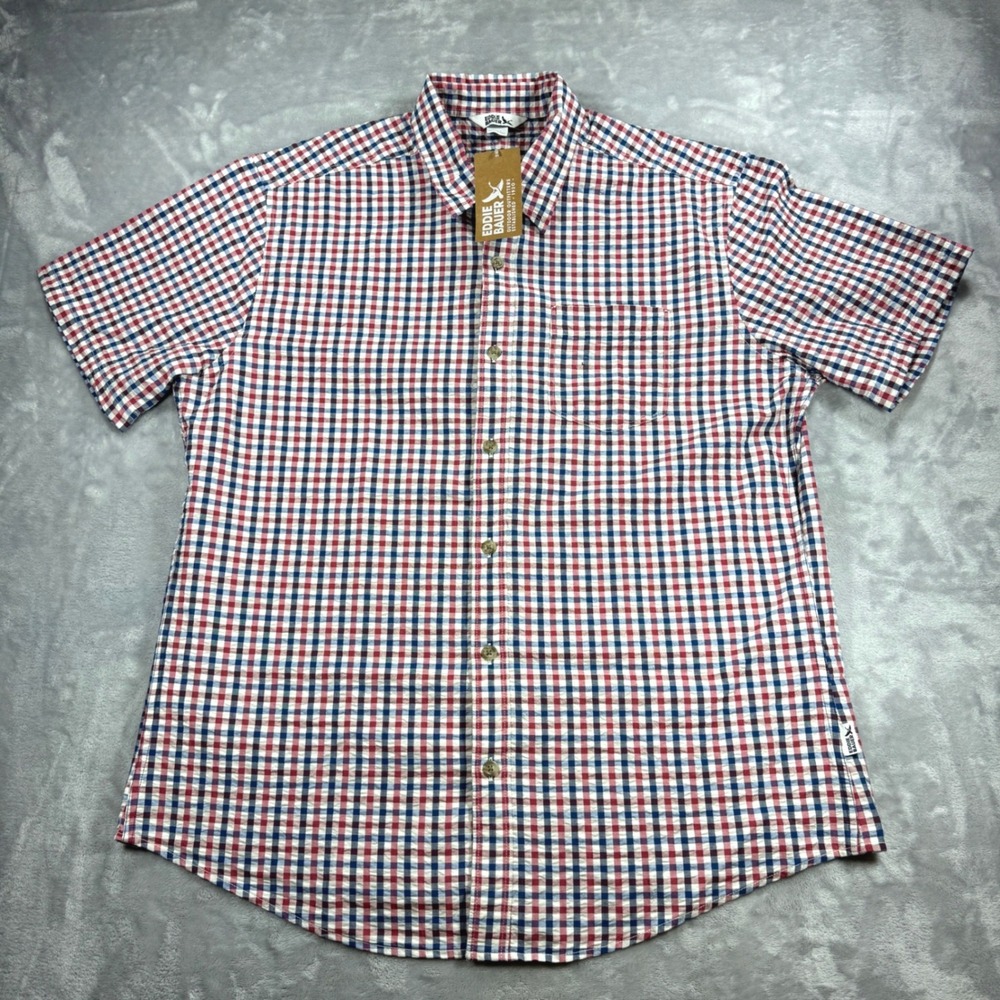 Eddie Bauer Camano Seersucker Shirt Mens L Red Blue Gingham Check Short Sleeve